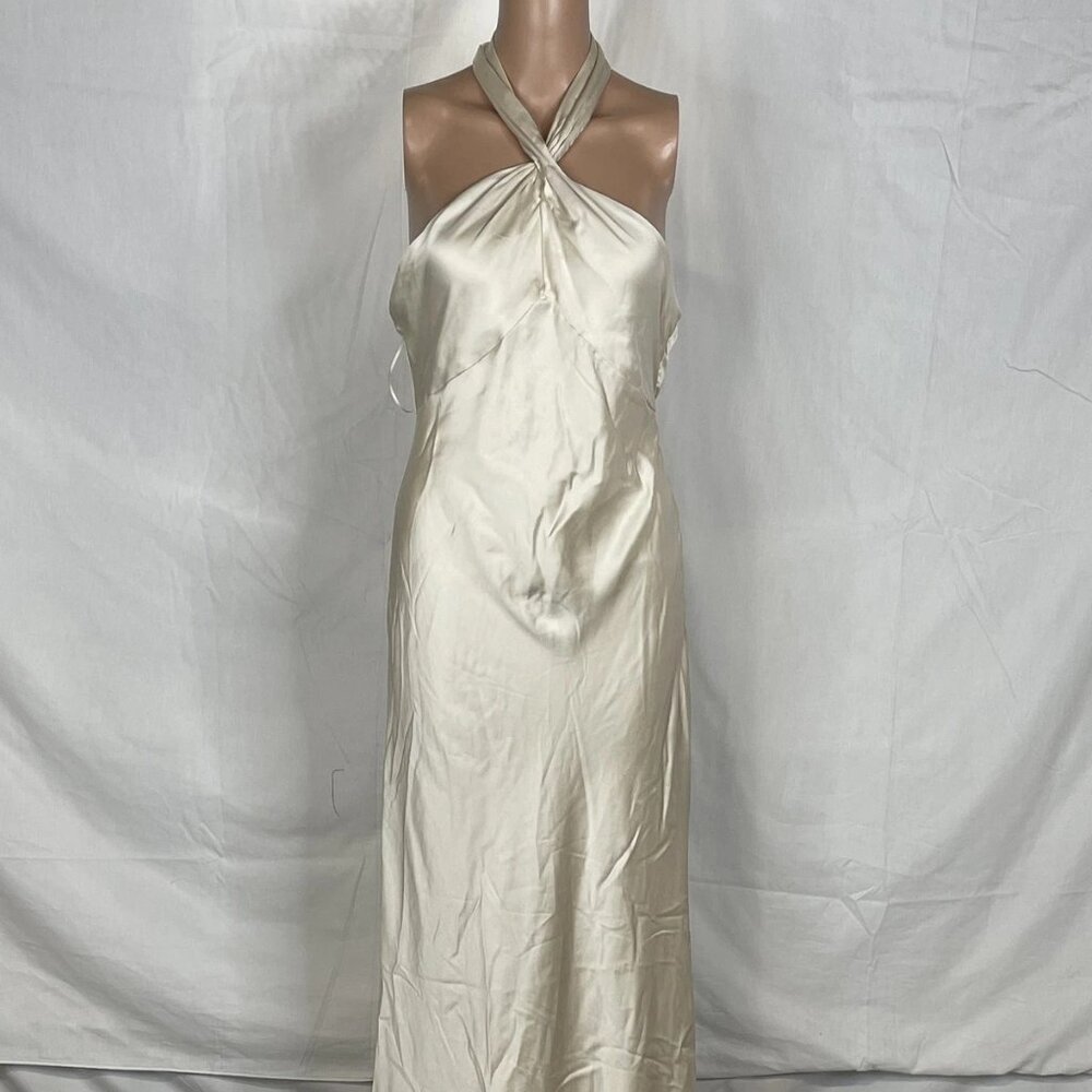 NEW ANTHROPOLOGIE X BHLDN Selma Halter Neck Satin Maxi Dress |Size S| Champagne